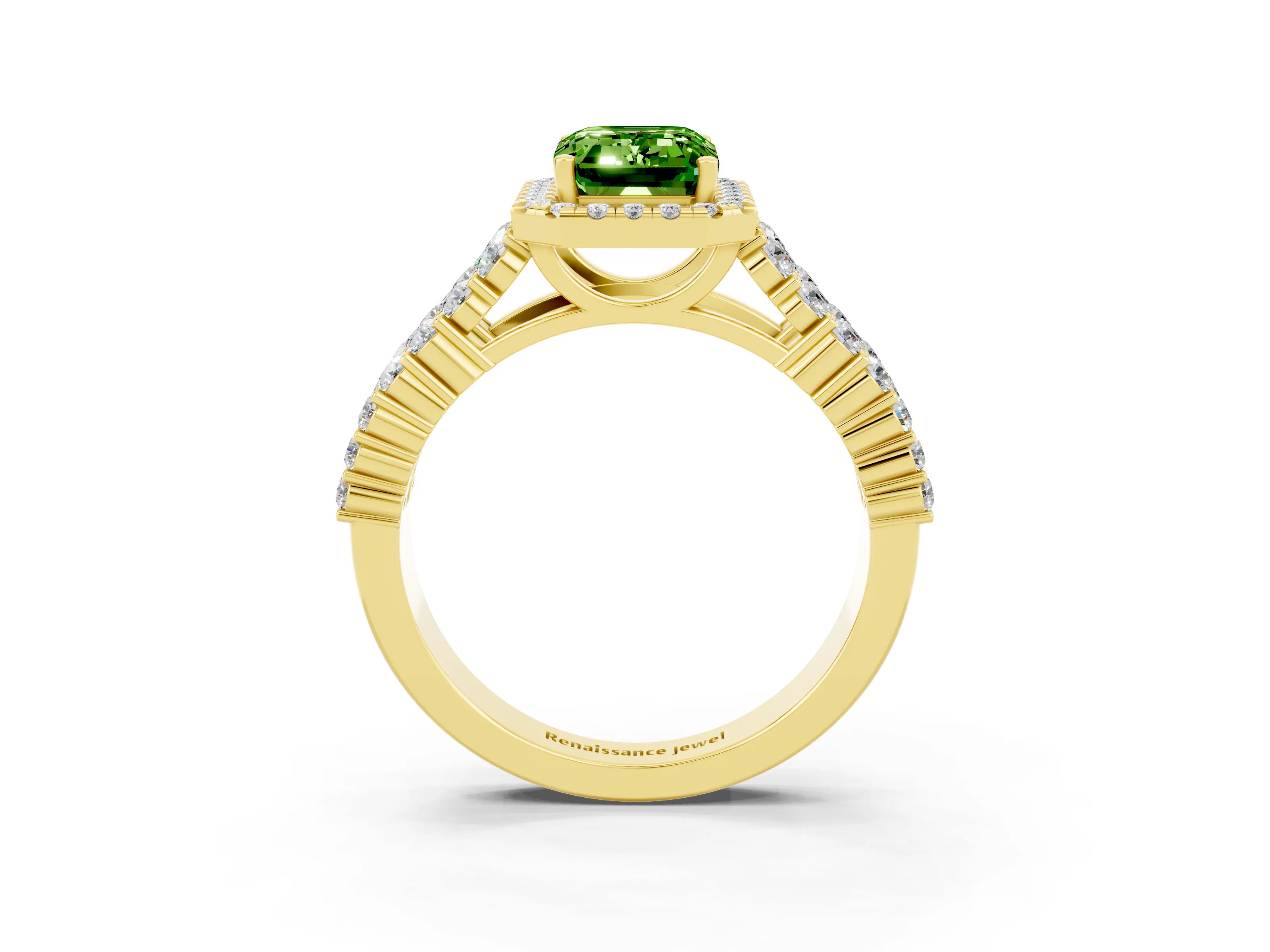 Yellow gold Emerald Cut Halo Pavé Diamond Engagement Ring with Split Shank and Four-Prong Setting_3