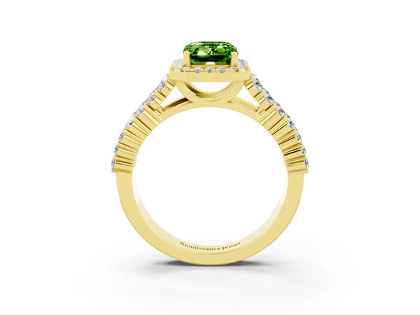 Yellow gold Emerald Cut Halo Pavé Diamond Engagement Ring with Split Shank and Four-Prong Setting