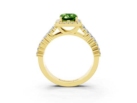 Yellow gold Emerald Cut Halo Pavé Diamond Engagement Ring with Split Shank and Four-Prong Setting_3