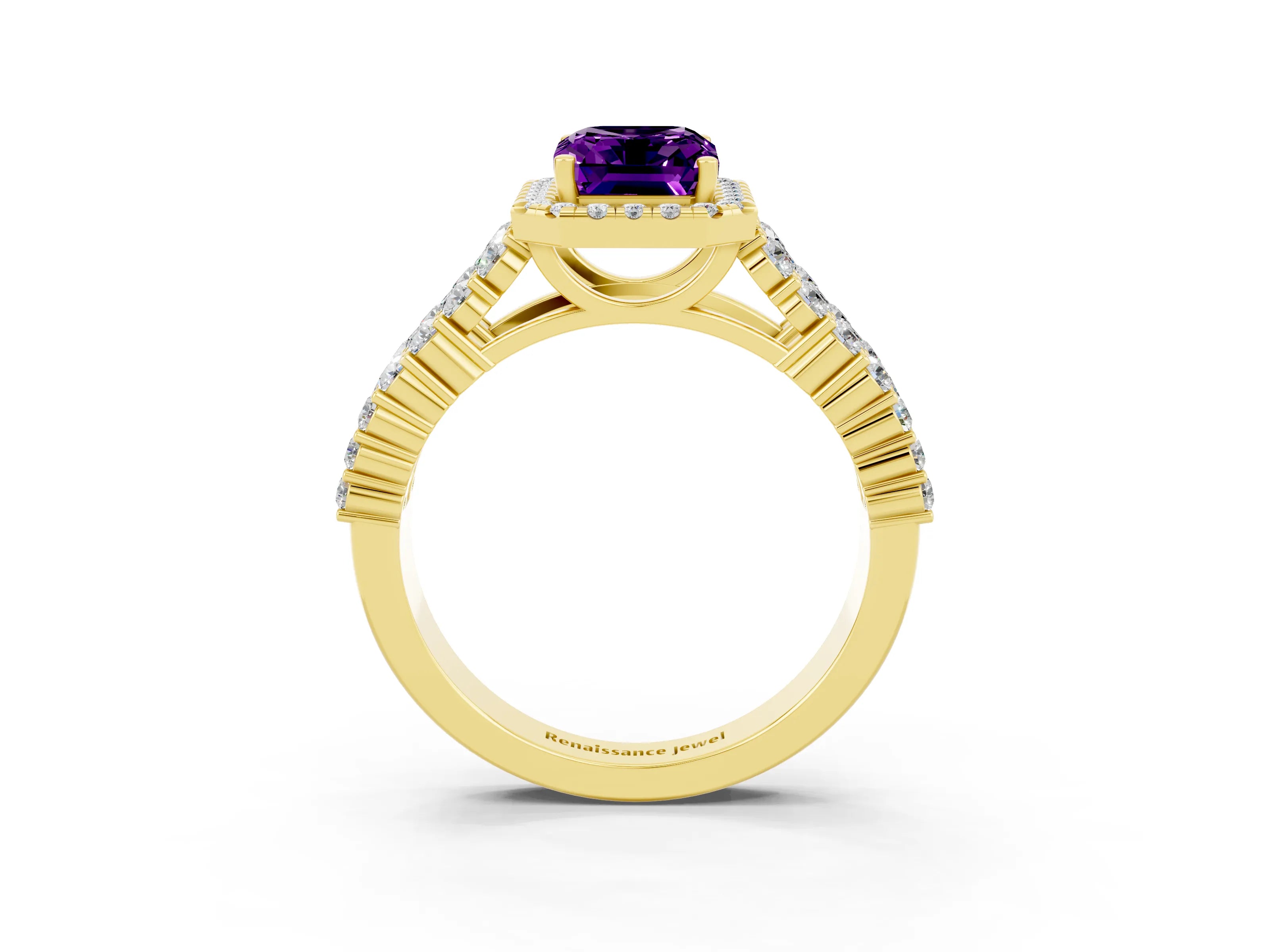 Yellow gold Emerald Cut Halo Pavé Diamond Engagement Ring with Split Shank and Four-Prong Setting_3