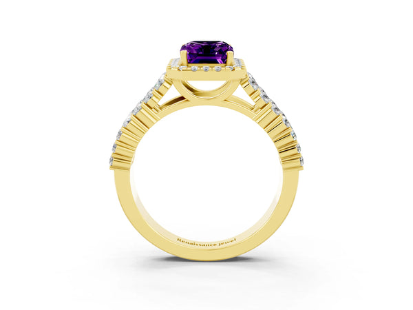 Yellow gold Emerald Cut Amethyst Halo Engagement Ring with Triple Row Round Pavé Band and Prong Setting