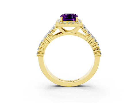 Yellow gold Emerald Cut Halo Pavé Diamond Engagement Ring with Split Shank and Four-Prong Setting_3
