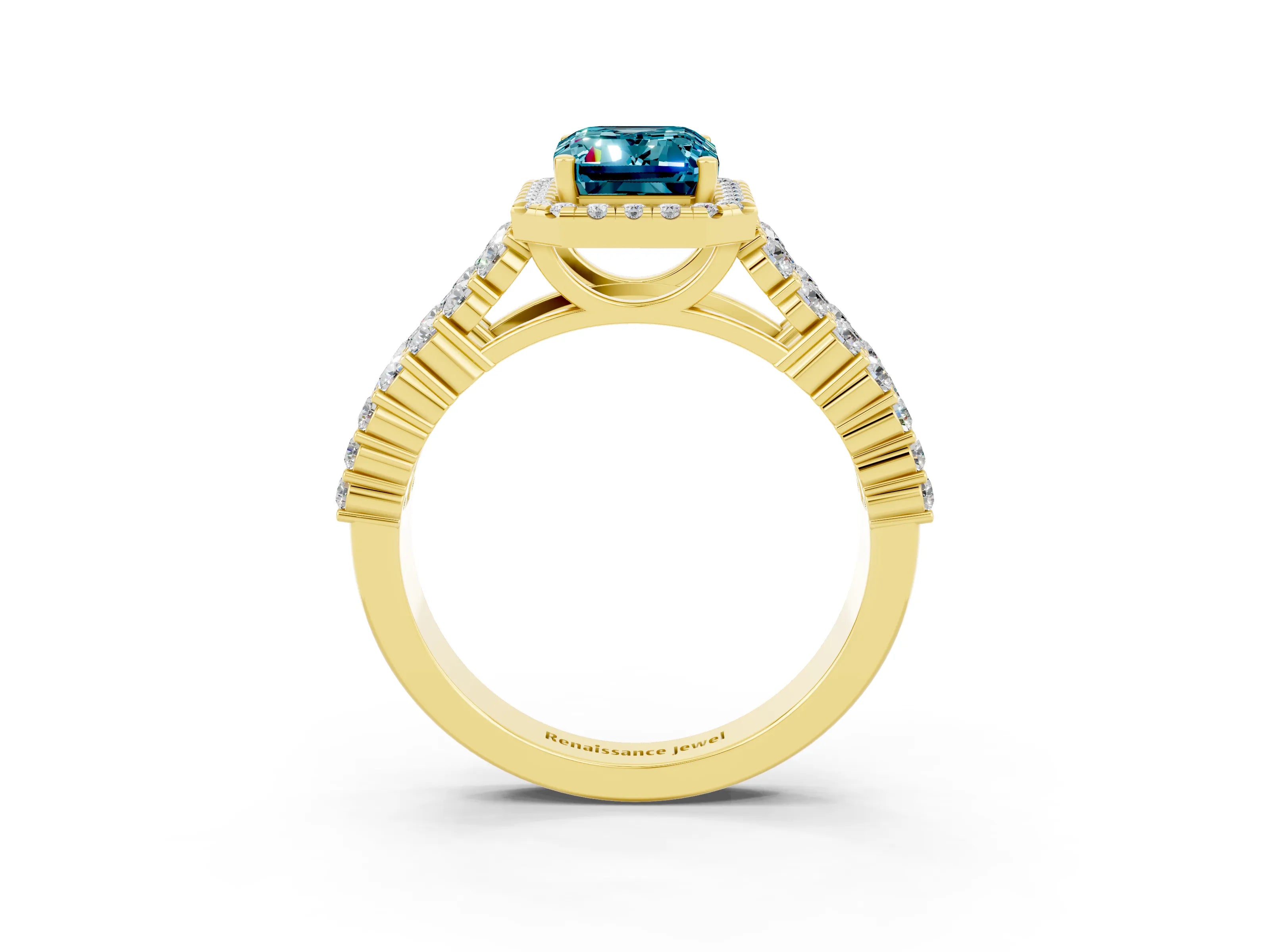 Yellow gold Emerald Cut Halo Pavé Diamond Engagement Ring with Split Shank and Four-Prong Setting_3