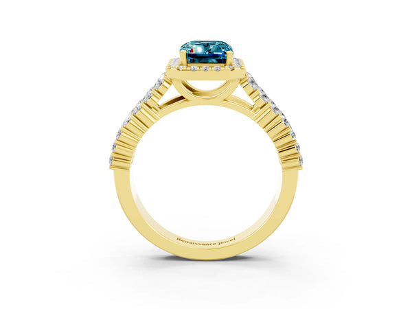 Yellow gold Emerald Cut Halo Pavé Diamond Engagement Ring with Split Shank and Four-Prong Setting