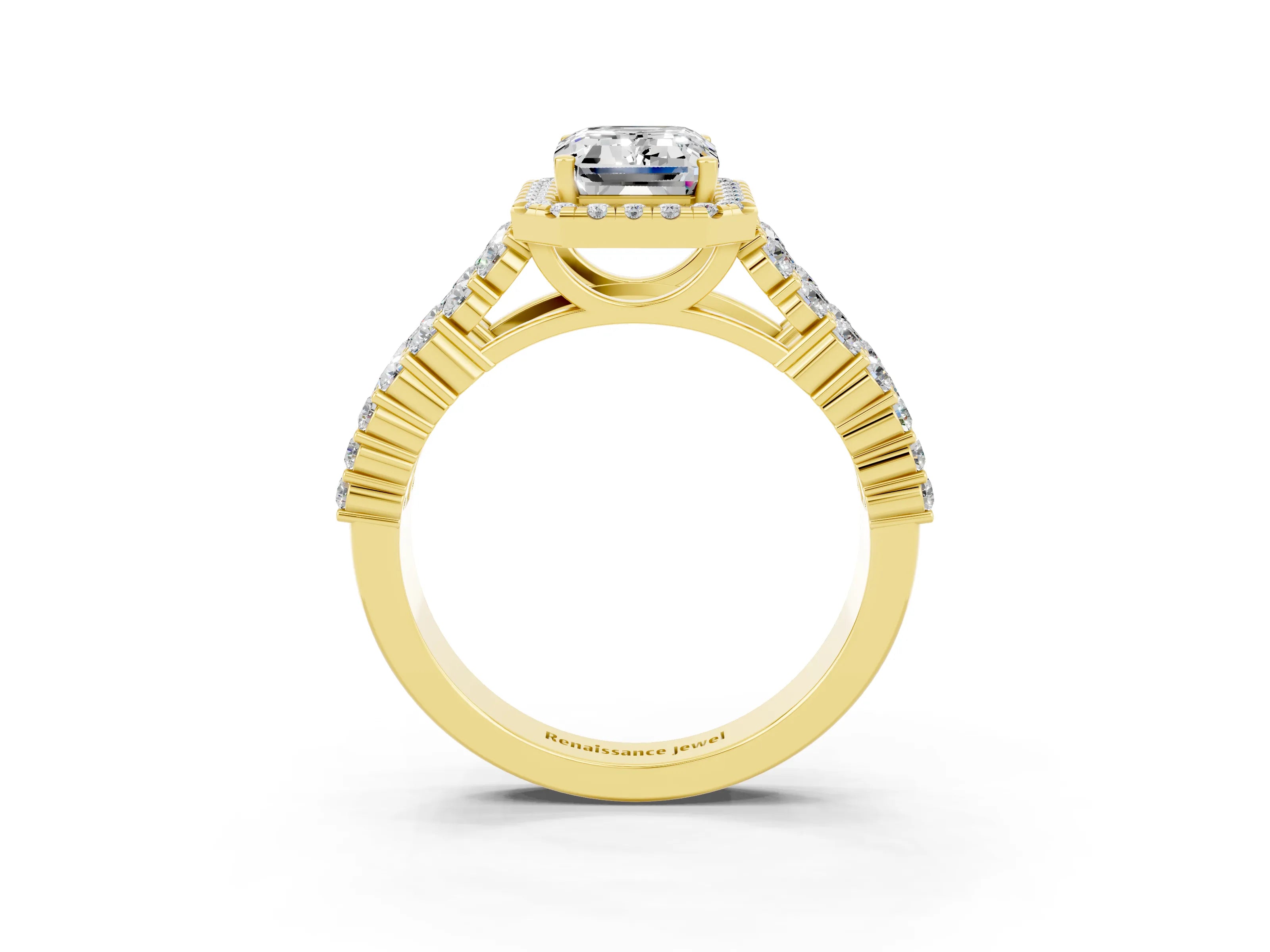 Yellow gold Emerald Cut Halo Pavé Diamond Engagement Ring with Split Shank and Four-Prong Setting_3
