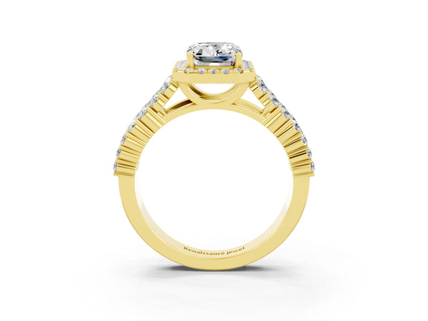 Yellow gold Emerald Cut Moissanite Halo Engagement Ring with Triple Row Round Pavé Band and Prong Setting
