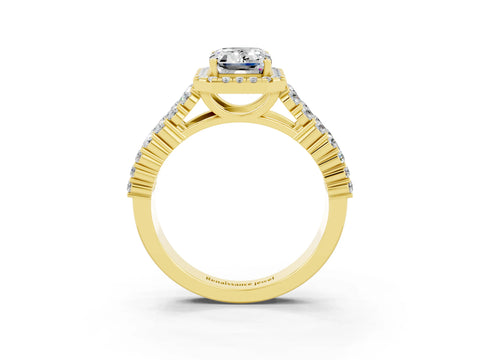 Yellow gold Emerald Cut Halo Pavé Diamond Engagement Ring with Split Shank and Four-Prong Setting_3
