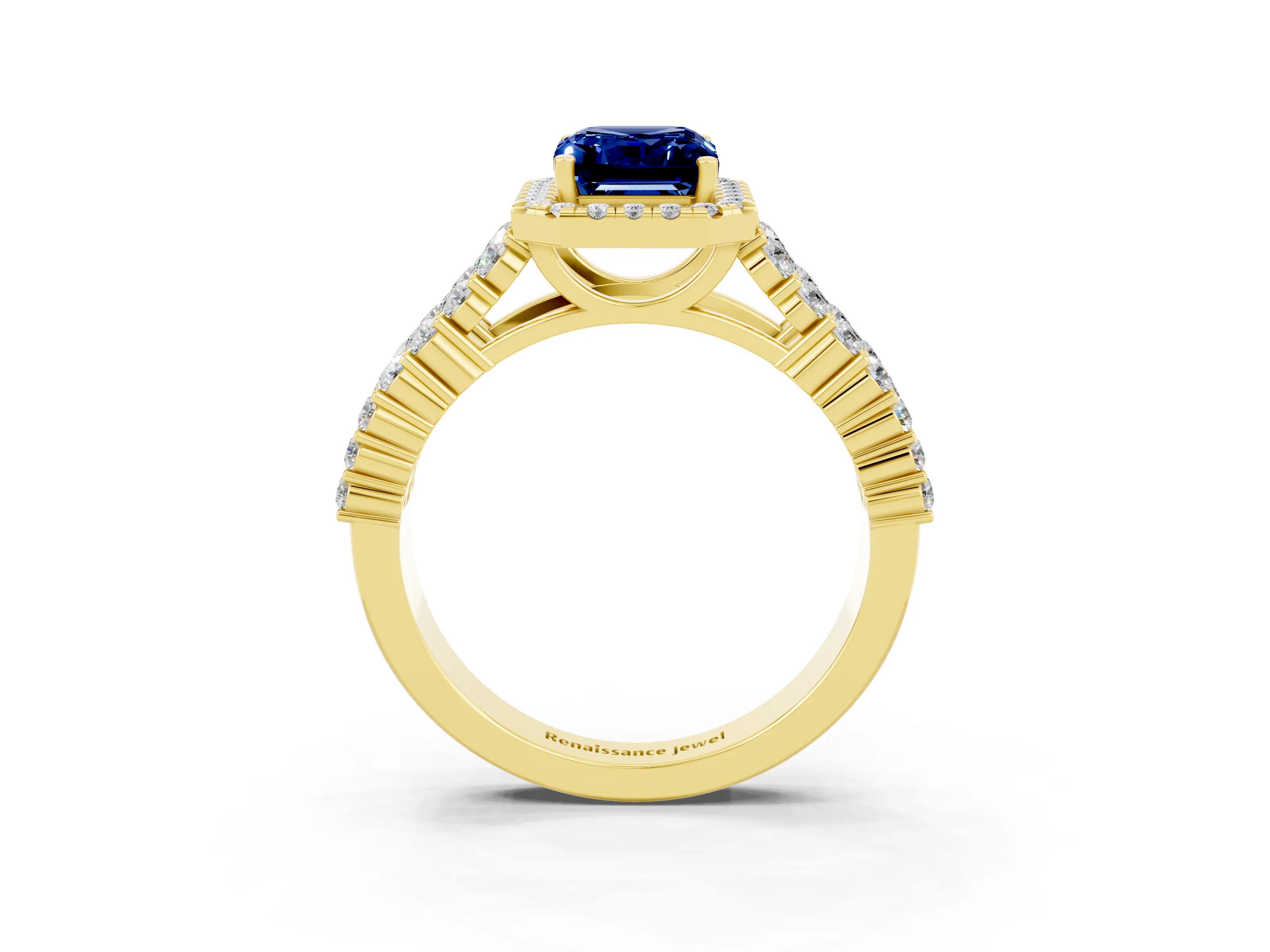 Yellow gold Emerald Cut Halo Pavé Diamond Engagement Ring with Split Shank and Four-Prong Setting_3