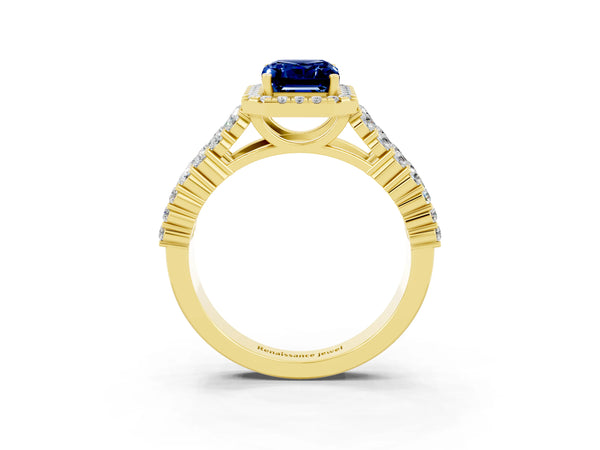 Yellow gold Emerald Cut Blue Sapphire Halo Engagement Ring with Triple Row Round Pavé Band and Prong Setting