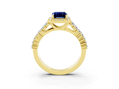 Yellow gold Emerald Cut Halo Pavé Diamond Engagement Ring with Split Shank and Four-Prong Setting_3