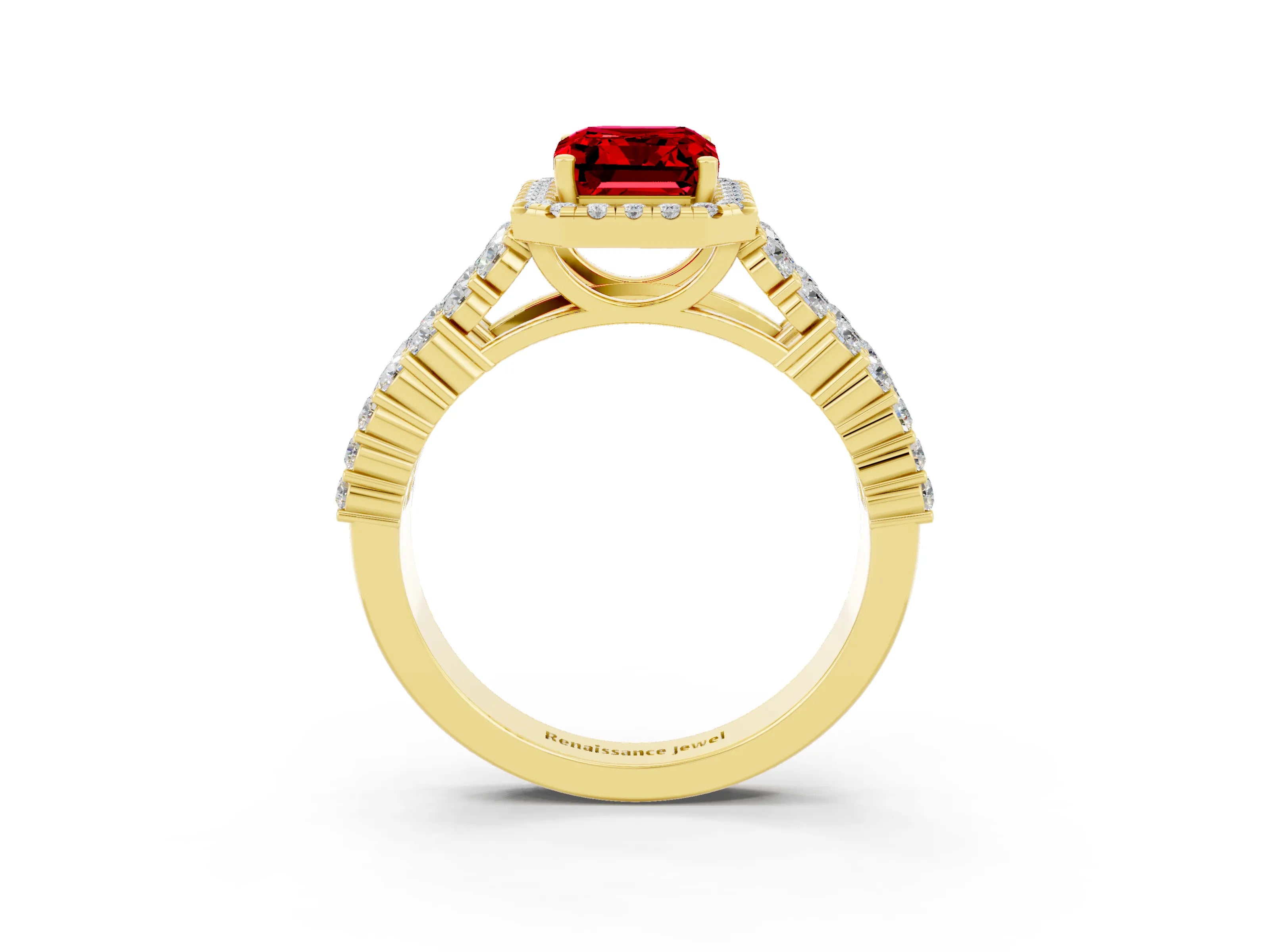 Yellow gold Emerald Cut Halo Pavé Diamond Engagement Ring with Split Shank and Four-Prong Setting_3