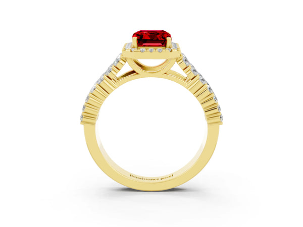 Yellow gold Emerald Cut Halo Pavé Diamond Engagement Ring with Split Shank and Four-Prong Setting