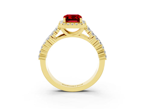 Yellow gold Emerald Cut Halo Pavé Diamond Engagement Ring with Split Shank and Four-Prong Setting_3
