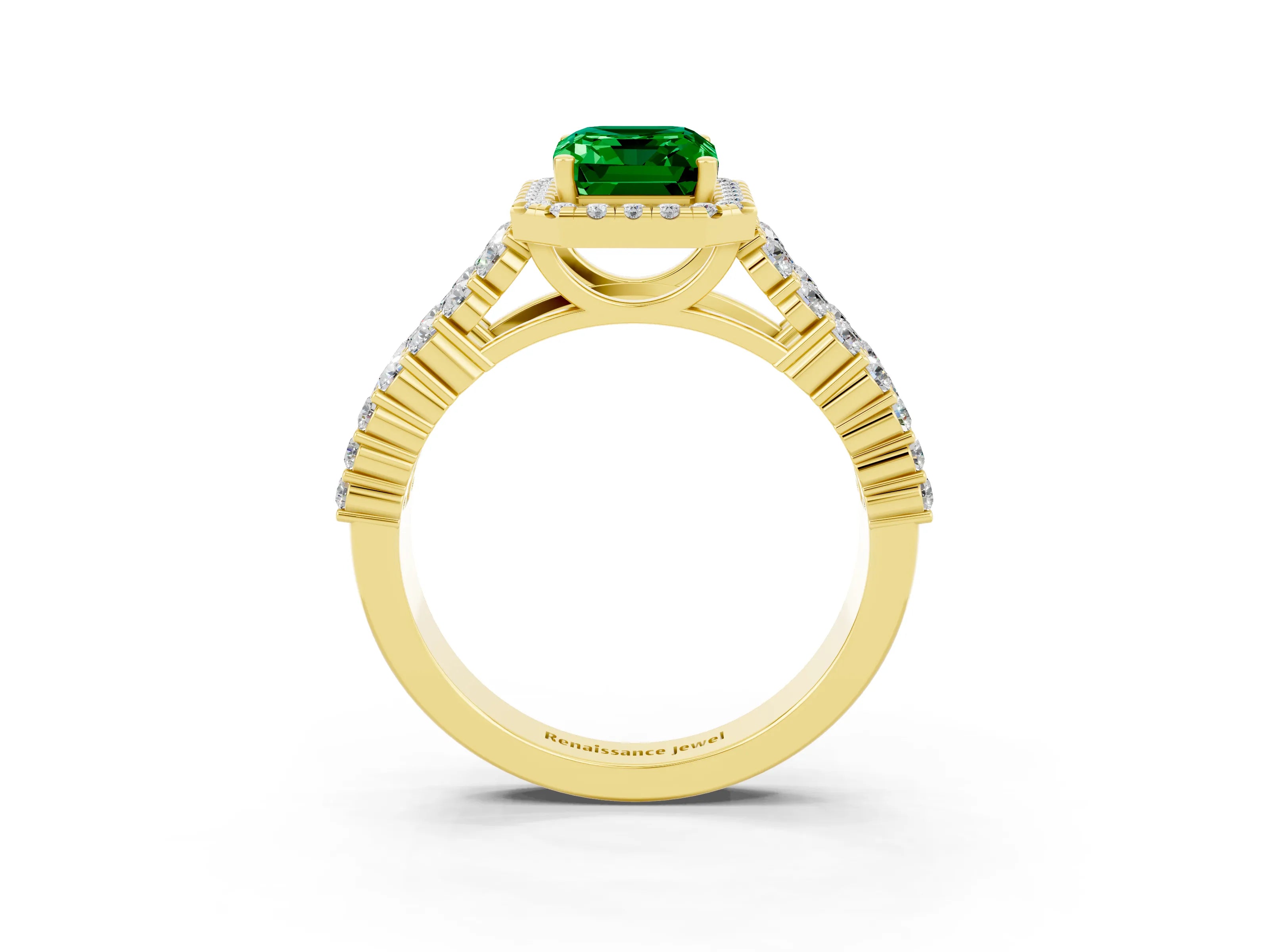 Yellow gold Emerald Cut Halo Pavé Diamond Engagement Ring with Split Shank and Four-Prong Setting_3