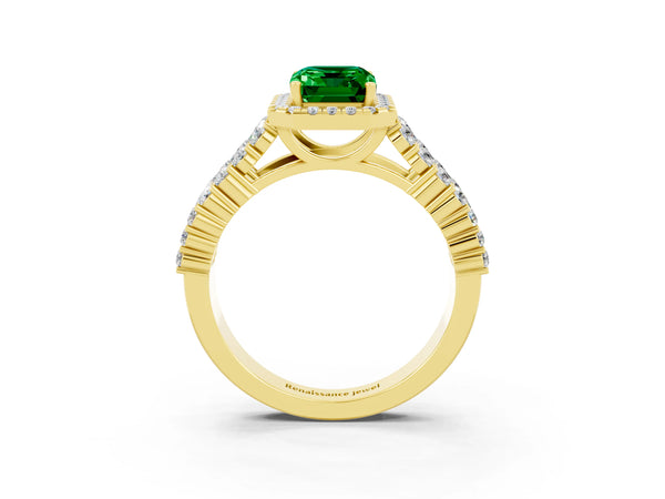 Yellow gold Emerald Cut Emerald Halo Engagement Ring with Triple Row Round Pavé Band and Prong Setting