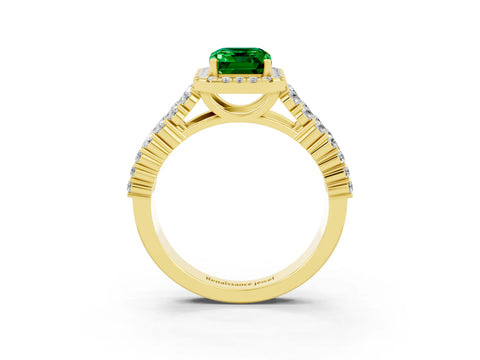 Yellow gold Emerald Cut Halo Pavé Diamond Engagement Ring with Split Shank and Four-Prong Setting_3
