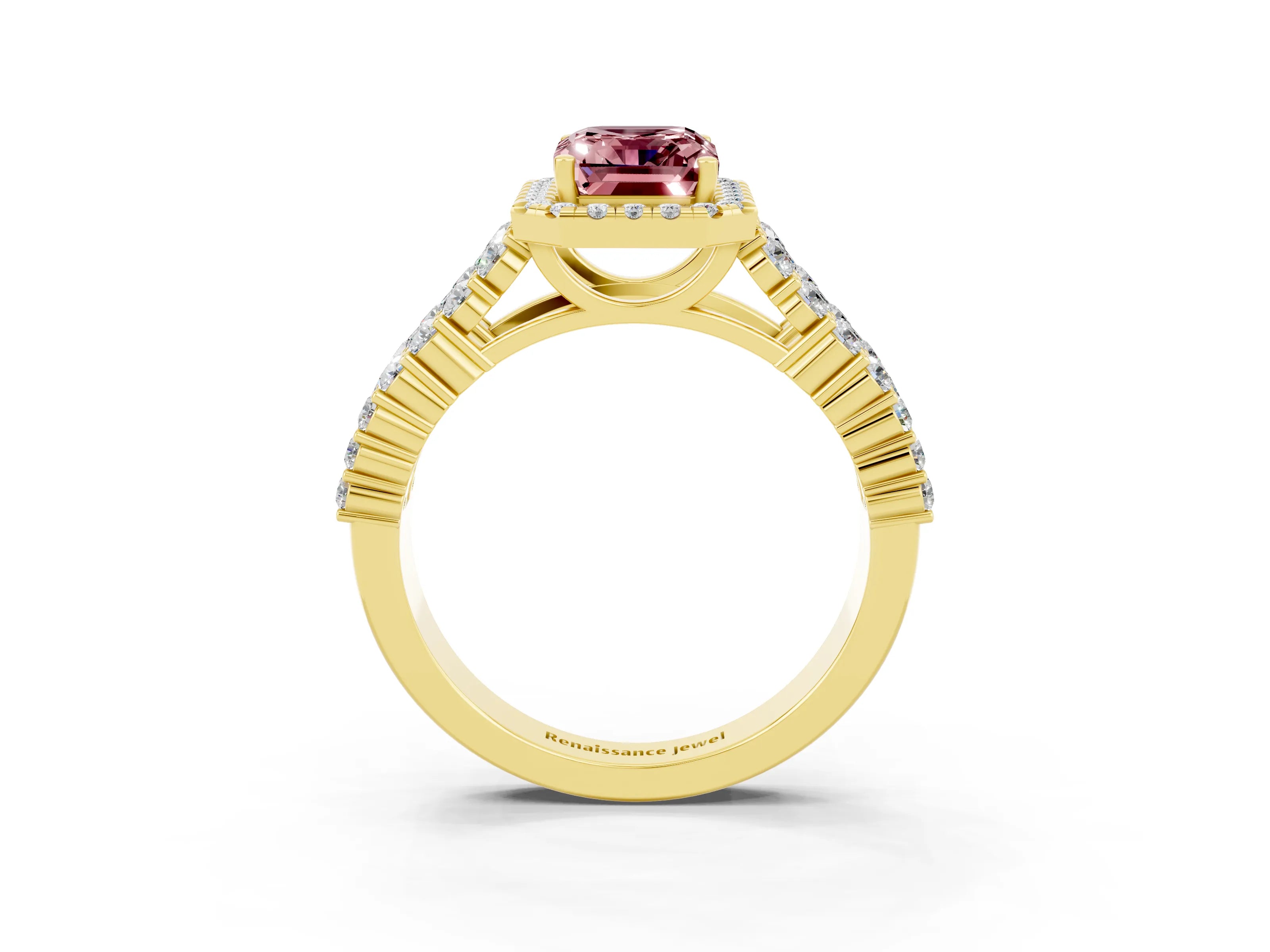 Yellow gold Emerald Cut Halo Pavé Diamond Engagement Ring with Split Shank and Four-Prong Setting_3