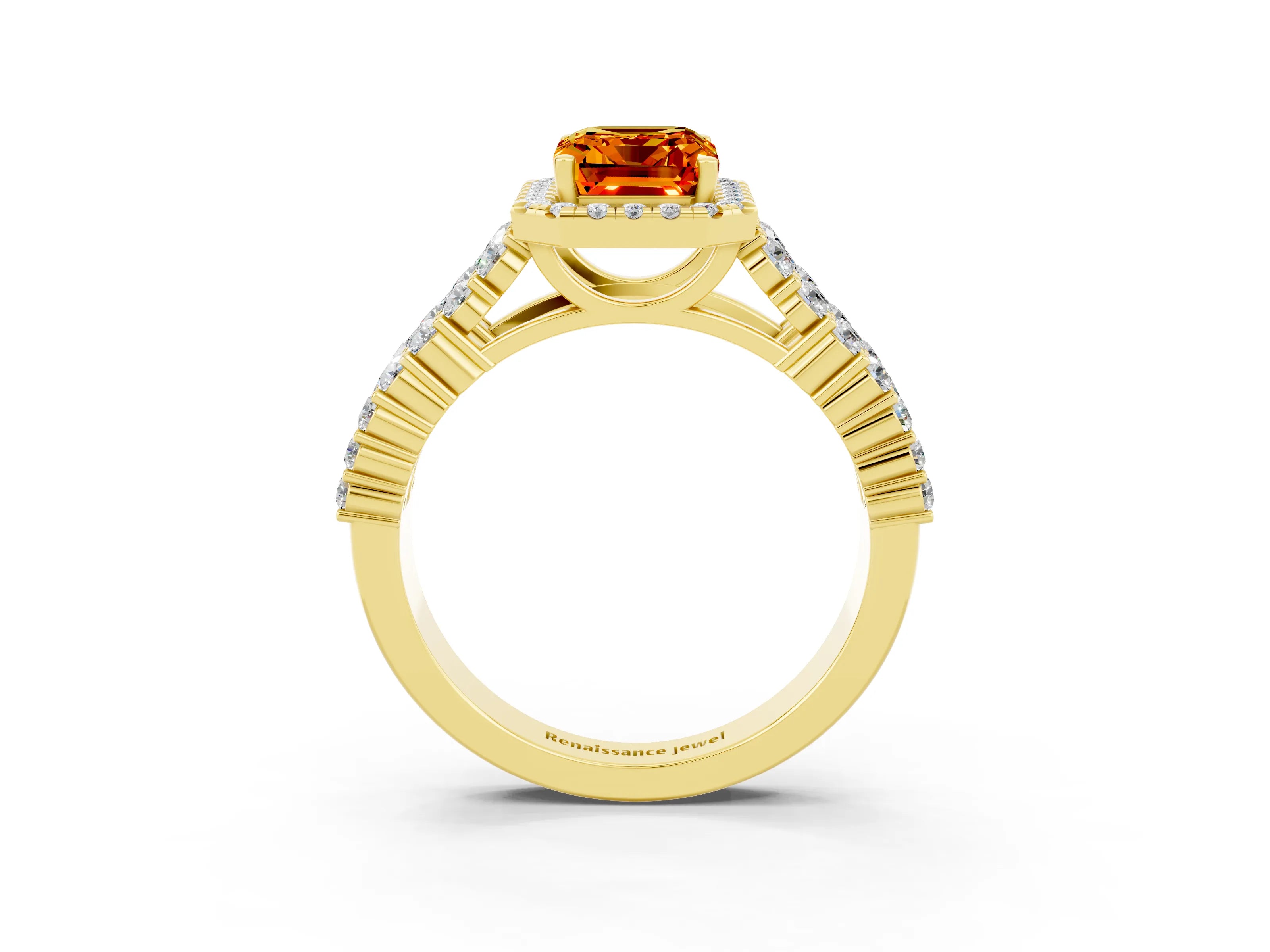 Yellow gold Emerald Cut Halo Pavé Diamond Engagement Ring with Split Shank and Four-Prong Setting_3