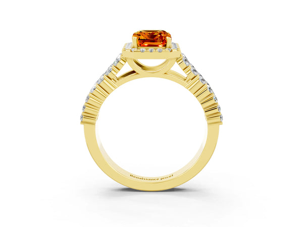 Yellow gold Emerald Cut Citrine Halo Engagement Ring with Triple Row Round Pavé Band and Prong Setting