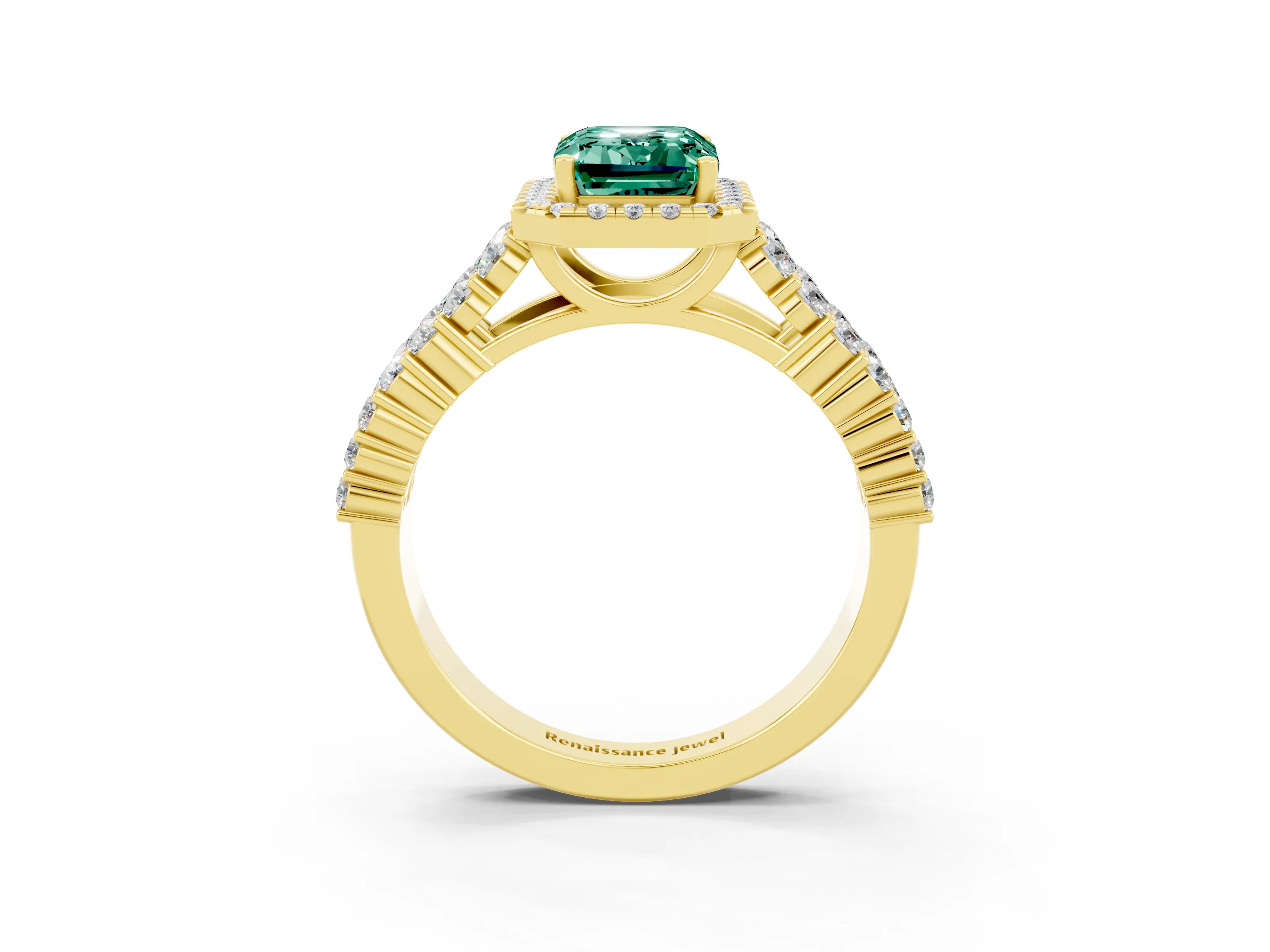 Yellow gold Emerald Cut Halo Pavé Diamond Engagement Ring with Split Shank and Four-Prong Setting_3
