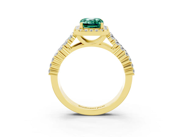 Yellow gold Emerald Cut Green Sapphire Halo Engagement Ring with Triple Row Round Pavé Band and Prong Setting