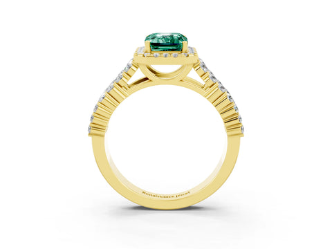 Yellow gold Emerald Cut Halo Pavé Diamond Engagement Ring with Split Shank and Four-Prong Setting_3
