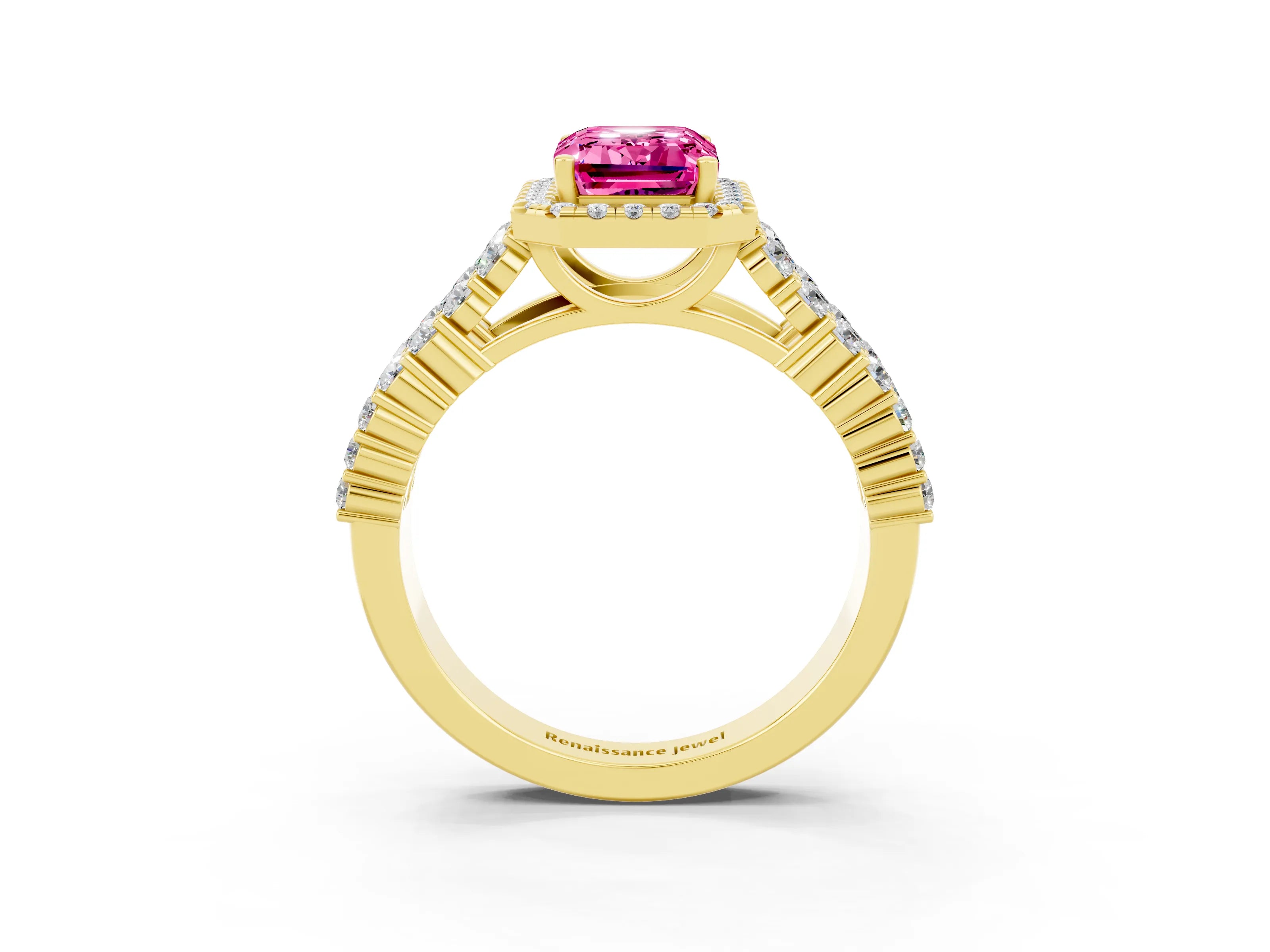 Yellow gold Emerald Cut Halo Pavé Diamond Engagement Ring with Split Shank and Four-Prong Setting_3