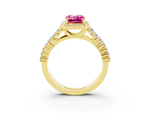 Yellow gold Emerald Cut Pink Sapphire Halo Engagement Ring with Triple Row Round Pavé Band and Prong Setting