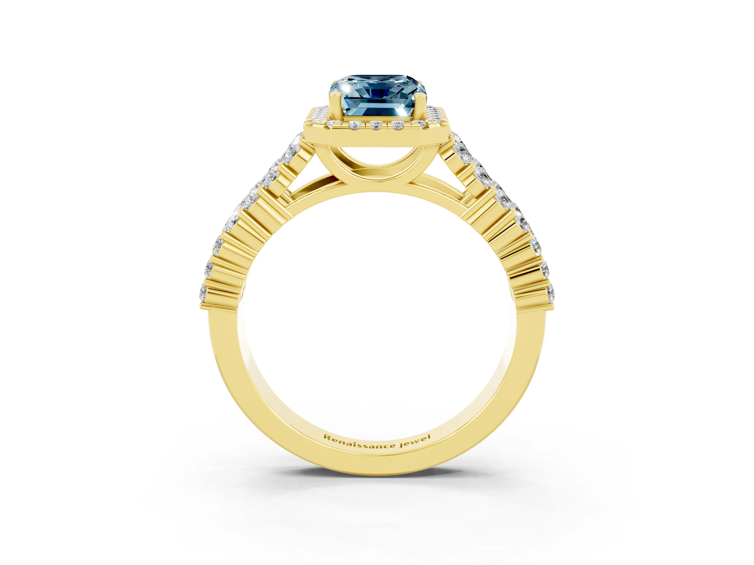 Yellow gold Emerald Cut Halo Pavé Diamond Engagement Ring with Split Shank and Four-Prong Setting_3