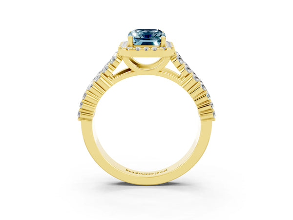 Yellow gold Emerald Cut Aquamarine Halo Engagement Ring with Triple Row Round Pavé Band and Prong Setting