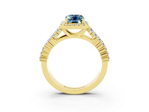 Yellow gold Emerald Cut Halo Pavé Diamond Engagement Ring with Split Shank and Four-Prong Setting_3