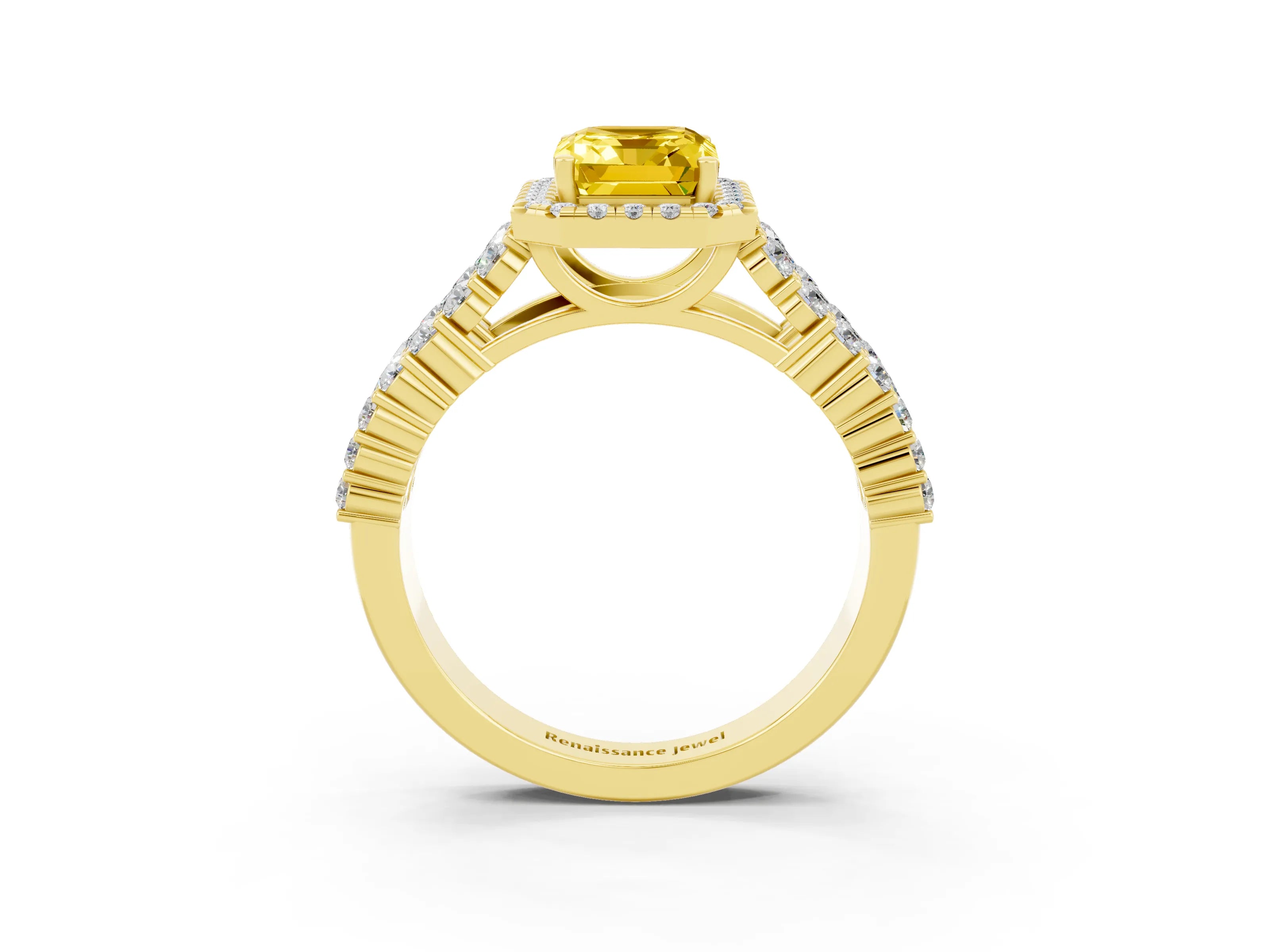 Yellow gold Emerald Cut Halo Pavé Diamond Engagement Ring with Split Shank and Four-Prong Setting_3