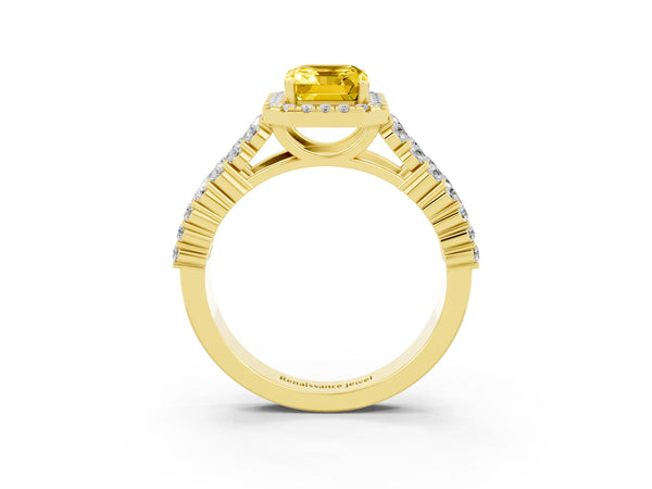 Yellow gold Emerald Cut Yellow Sapphire Halo Engagement Ring with Triple Row Round Pavé Band and Prong Setting