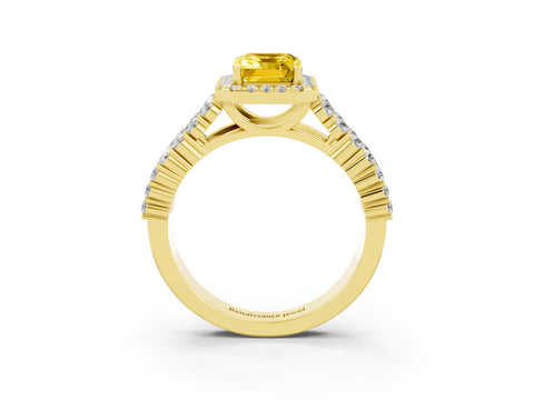 Yellow gold Emerald Cut Halo Pavé Diamond Engagement Ring with Split Shank and Four-Prong Setting_3