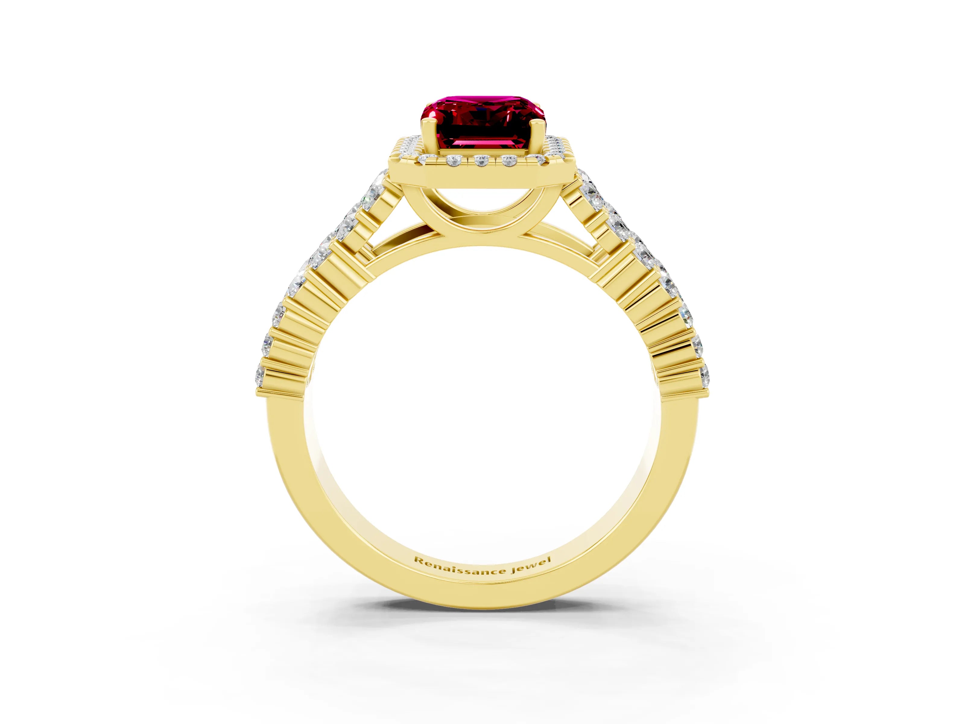 Yellow gold Emerald Cut Halo Pavé Diamond Engagement Ring with Split Shank and Four-Prong Setting_3