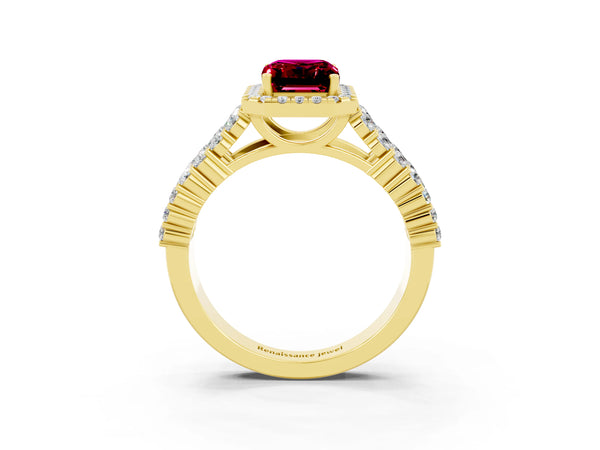 Yellow gold Emerald Cut Garnet Halo Engagement Ring with Triple Row Round Pavé Band and Prong Setting