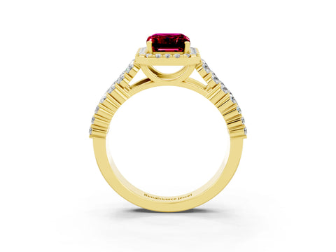 Yellow gold Emerald Cut Halo Pavé Diamond Engagement Ring with Split Shank and Four-Prong Setting_3