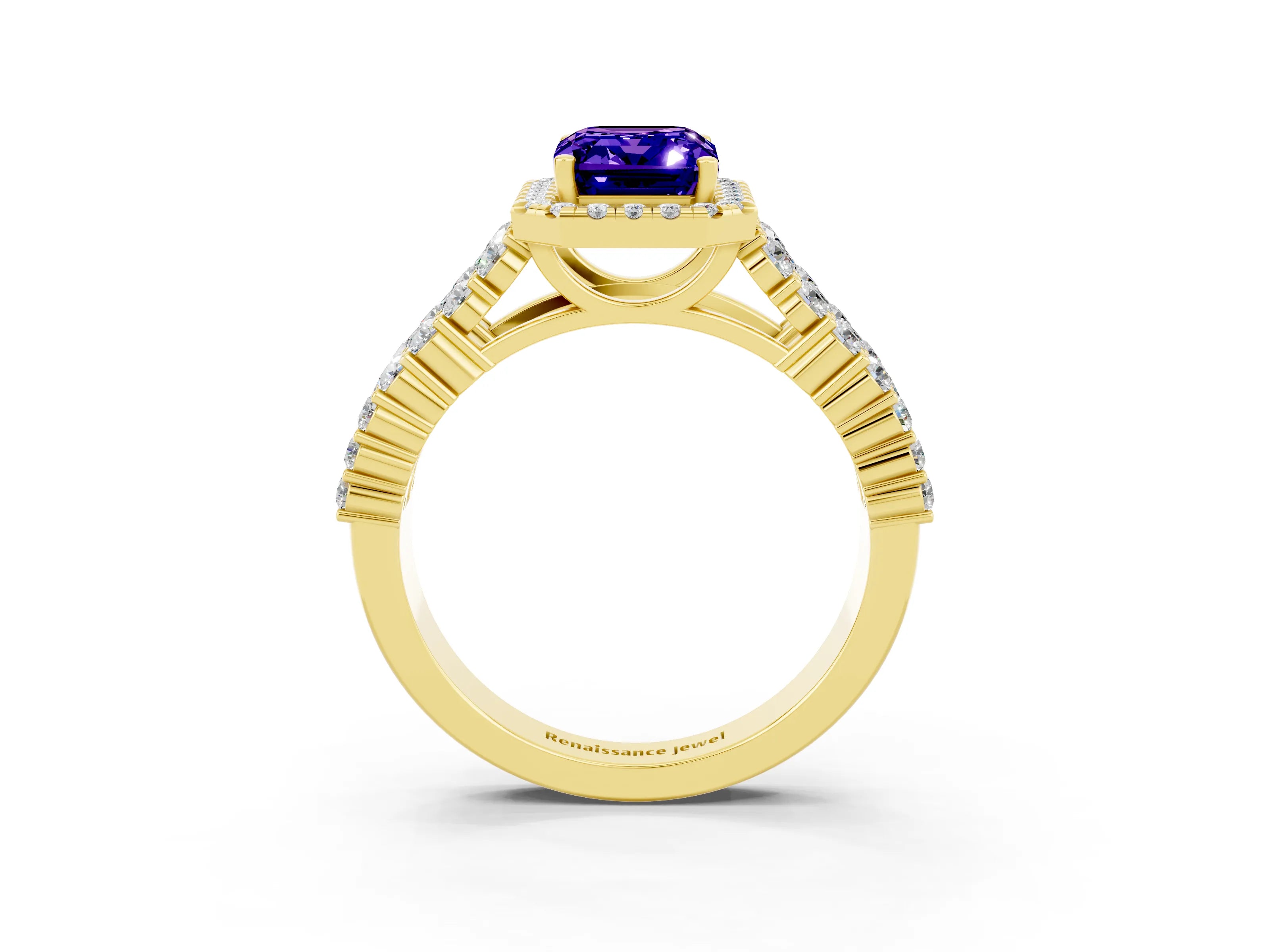 Yellow gold Emerald Cut Halo Pavé Diamond Engagement Ring with Split Shank and Four-Prong Setting_3