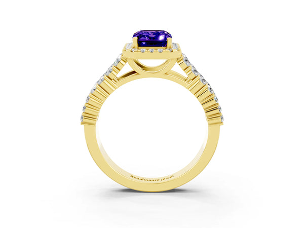 Yellow gold Emerald Cut Tanzanite Halo Engagement Ring with Triple Row Round Pavé Band and Prong Setting