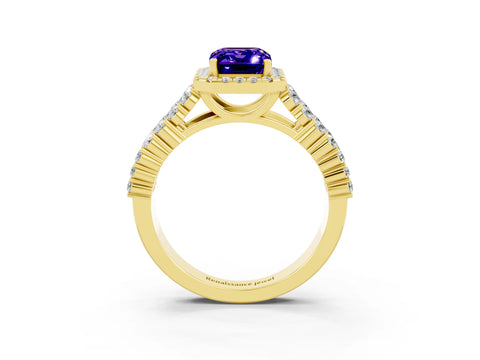 Yellow gold Emerald Cut Halo Pavé Diamond Engagement Ring with Split Shank and Four-Prong Setting_3
