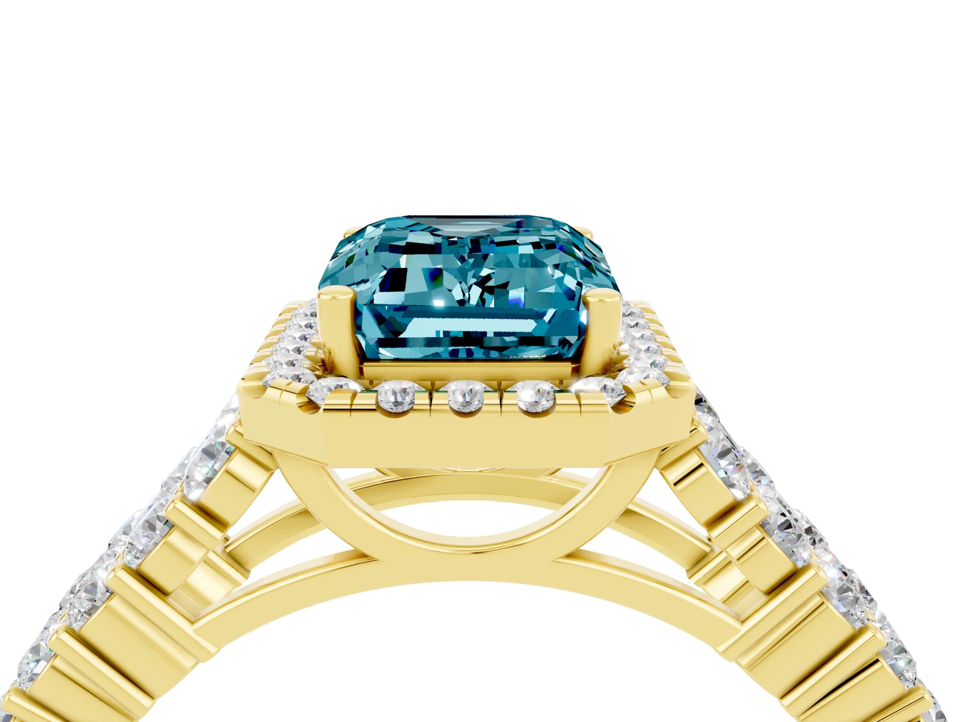 Yellow gold Emerald Cut Halo Pavé Diamond Engagement Ring with Split Shank and Four-Prong Setting_4