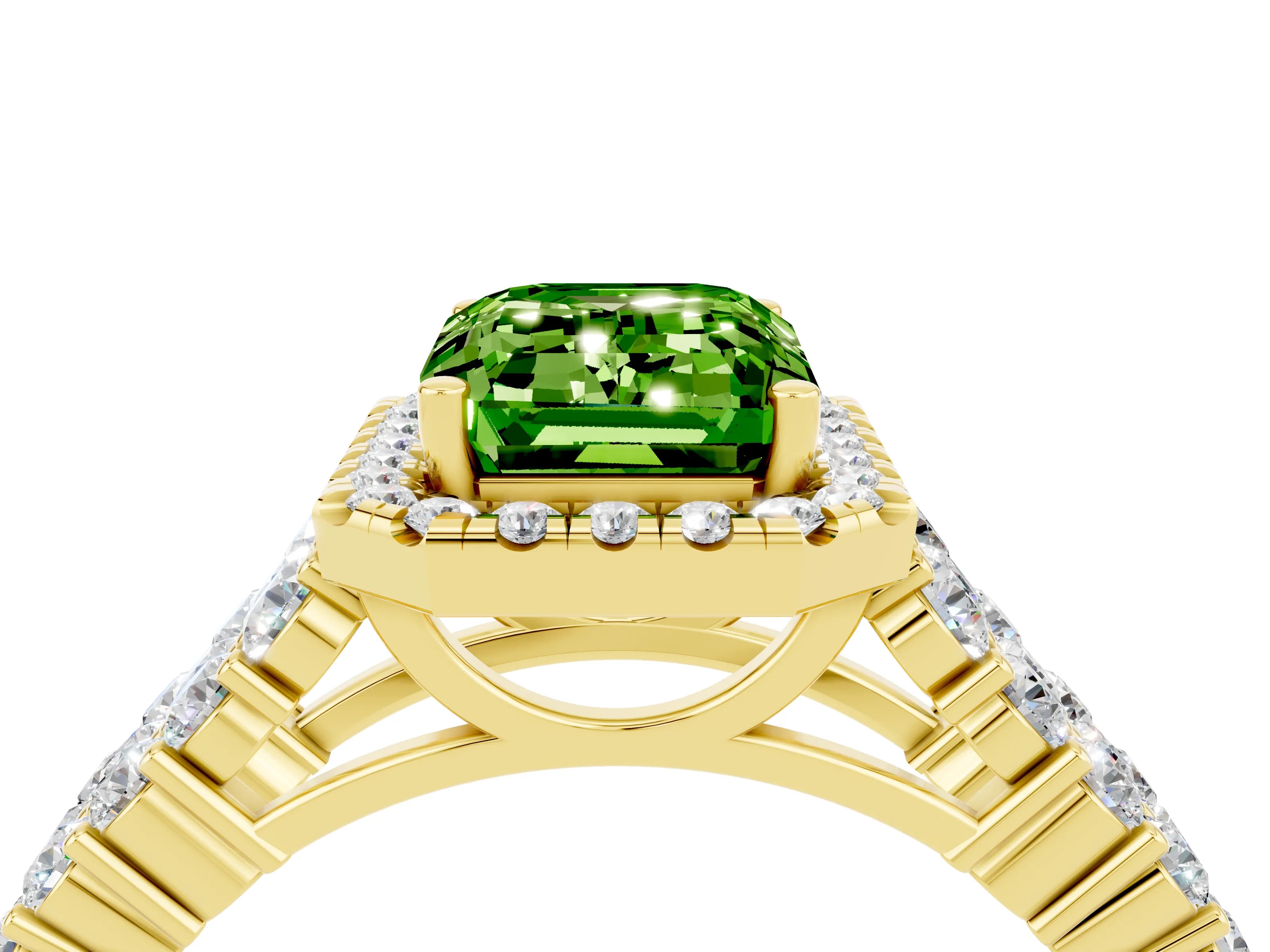 Yellow gold Emerald Cut Halo Pavé Diamond Engagement Ring with Split Shank and Four-Prong Setting_4