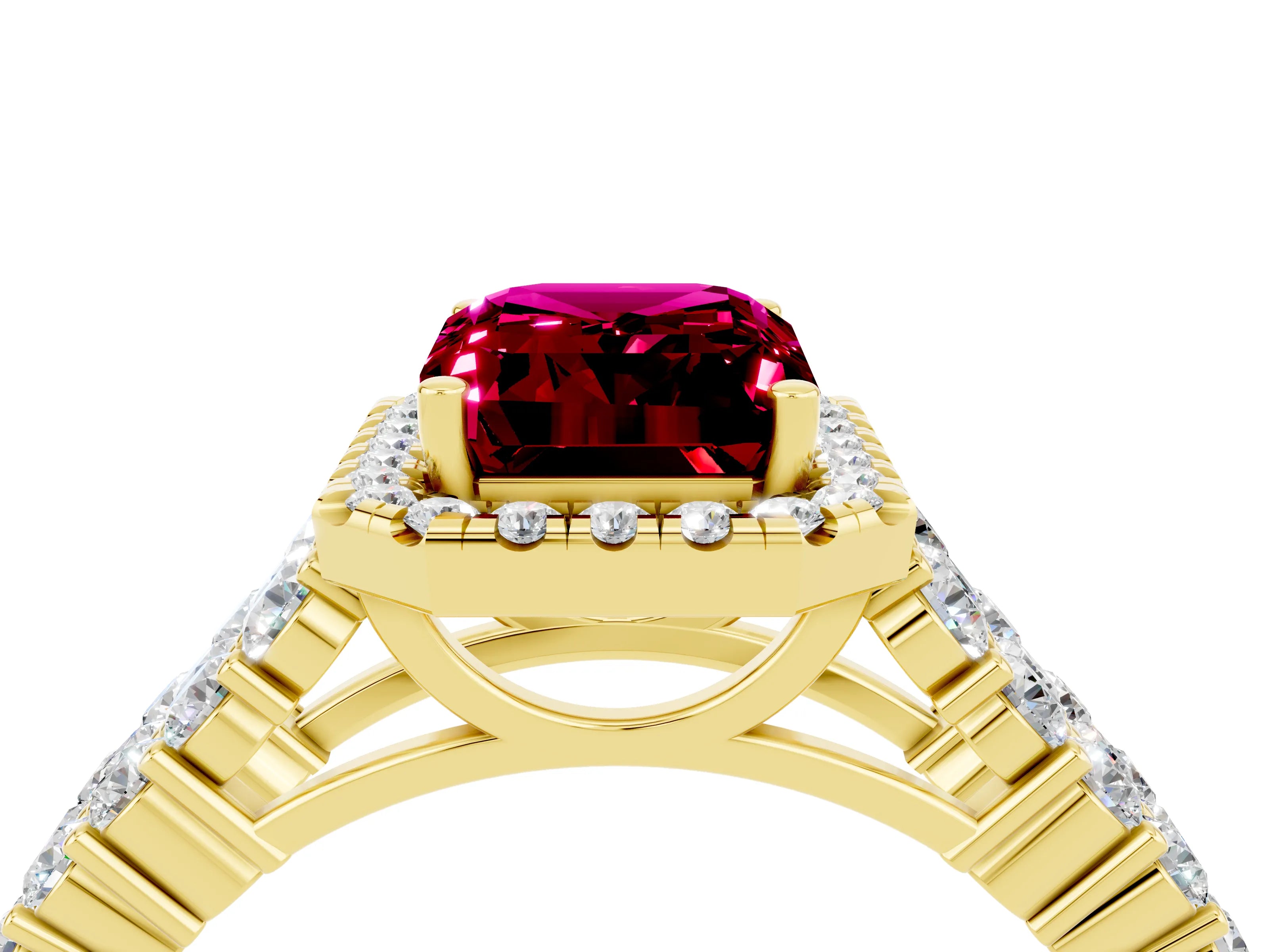 Yellow gold Emerald Cut Halo Pavé Diamond Engagement Ring with Split Shank and Four-Prong Setting_4