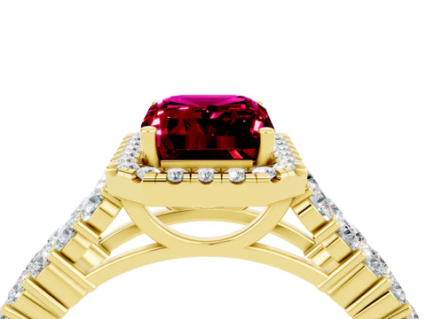 Yellow gold Emerald Cut Halo Pavé Diamond Engagement Ring with Split Shank and Four-Prong Setting_4
