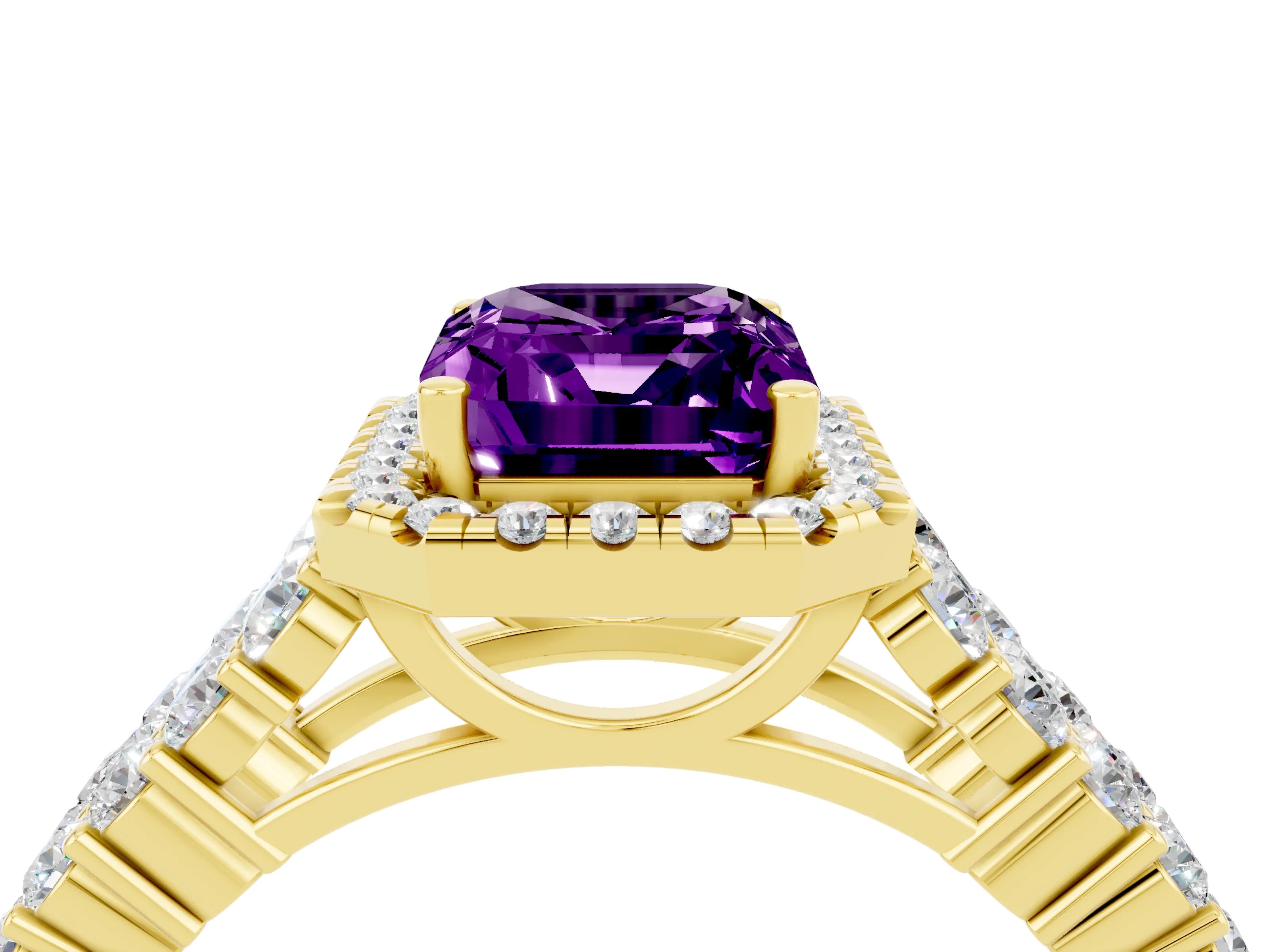 Yellow gold Emerald Cut Halo Pavé Diamond Engagement Ring with Split Shank and Four-Prong Setting_4