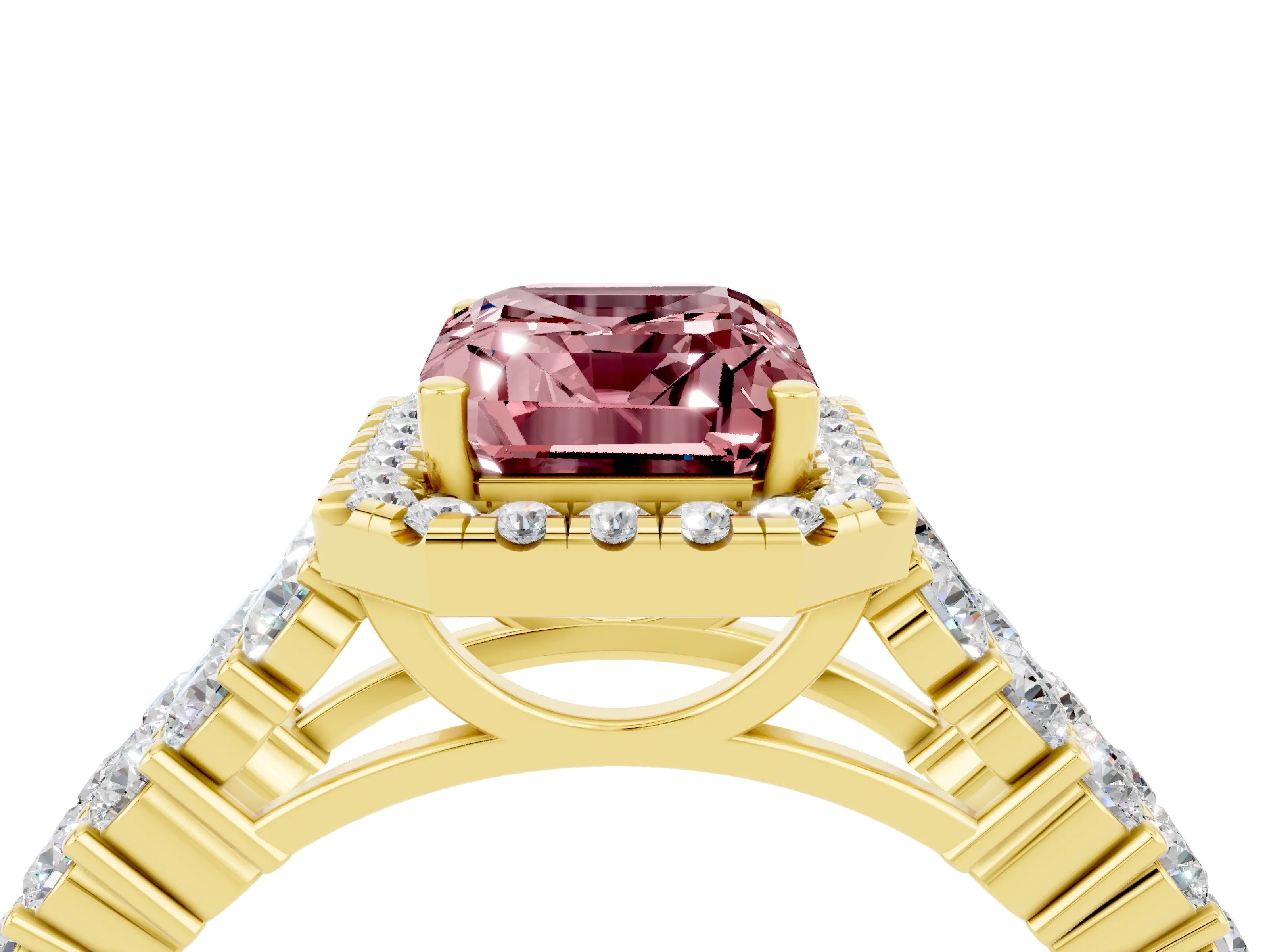 Yellow gold Emerald Cut Halo Pavé Diamond Engagement Ring with Split Shank and Four-Prong Setting_4