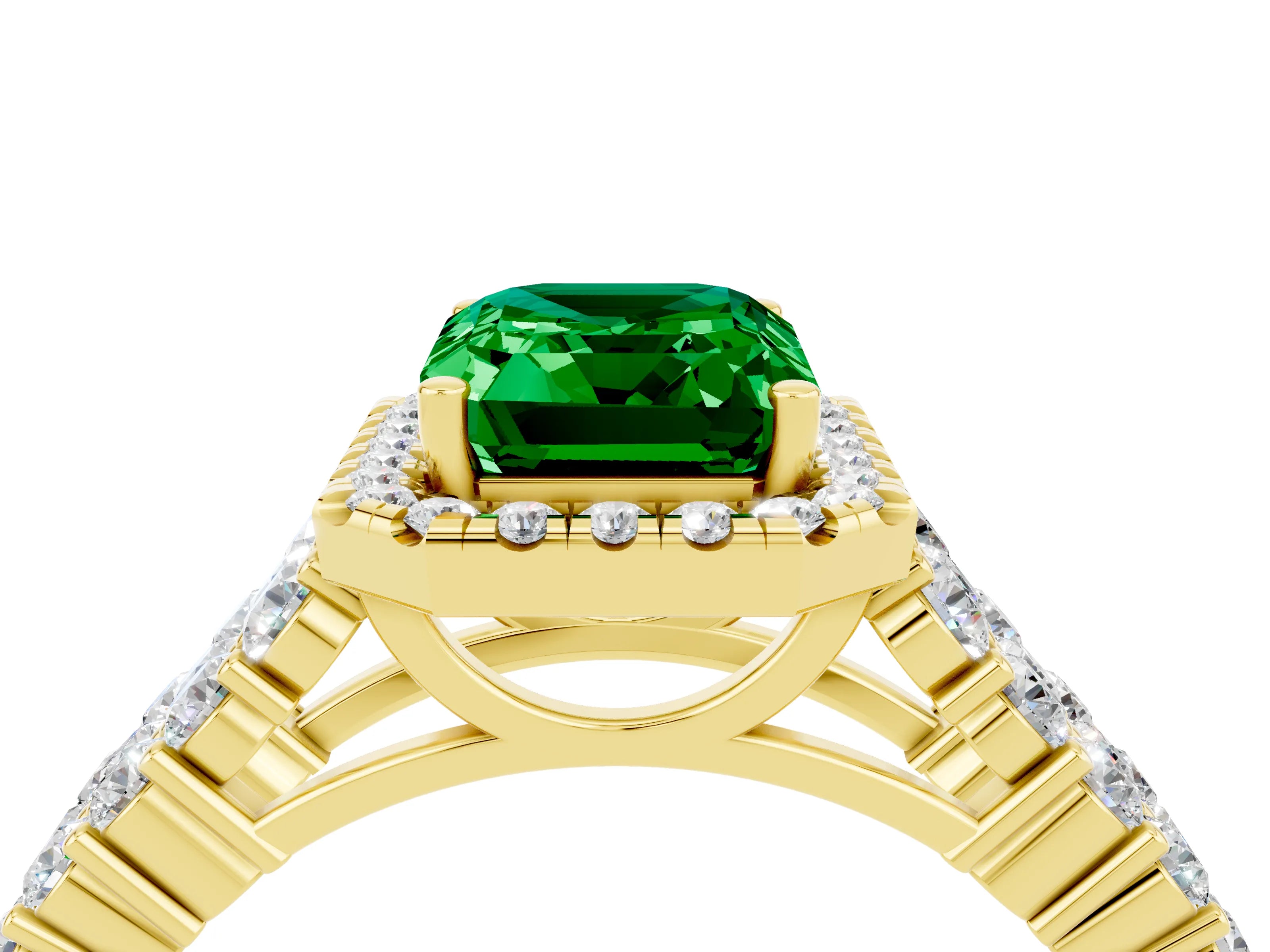 Yellow gold Emerald Cut Halo Pavé Diamond Engagement Ring with Split Shank and Four-Prong Setting_4