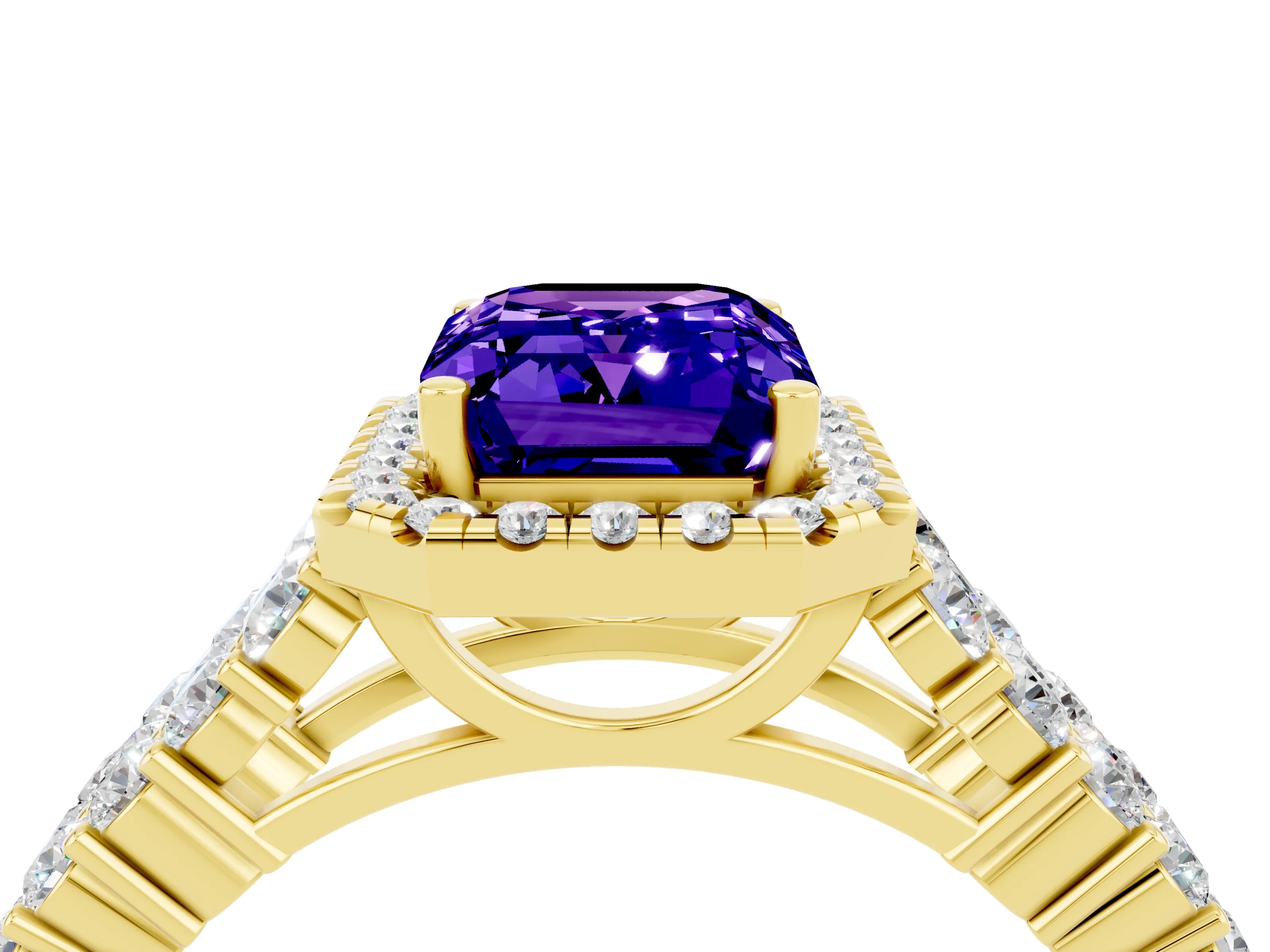 Yellow gold Emerald Cut Halo Pavé Diamond Engagement Ring with Split Shank and Four-Prong Setting_4