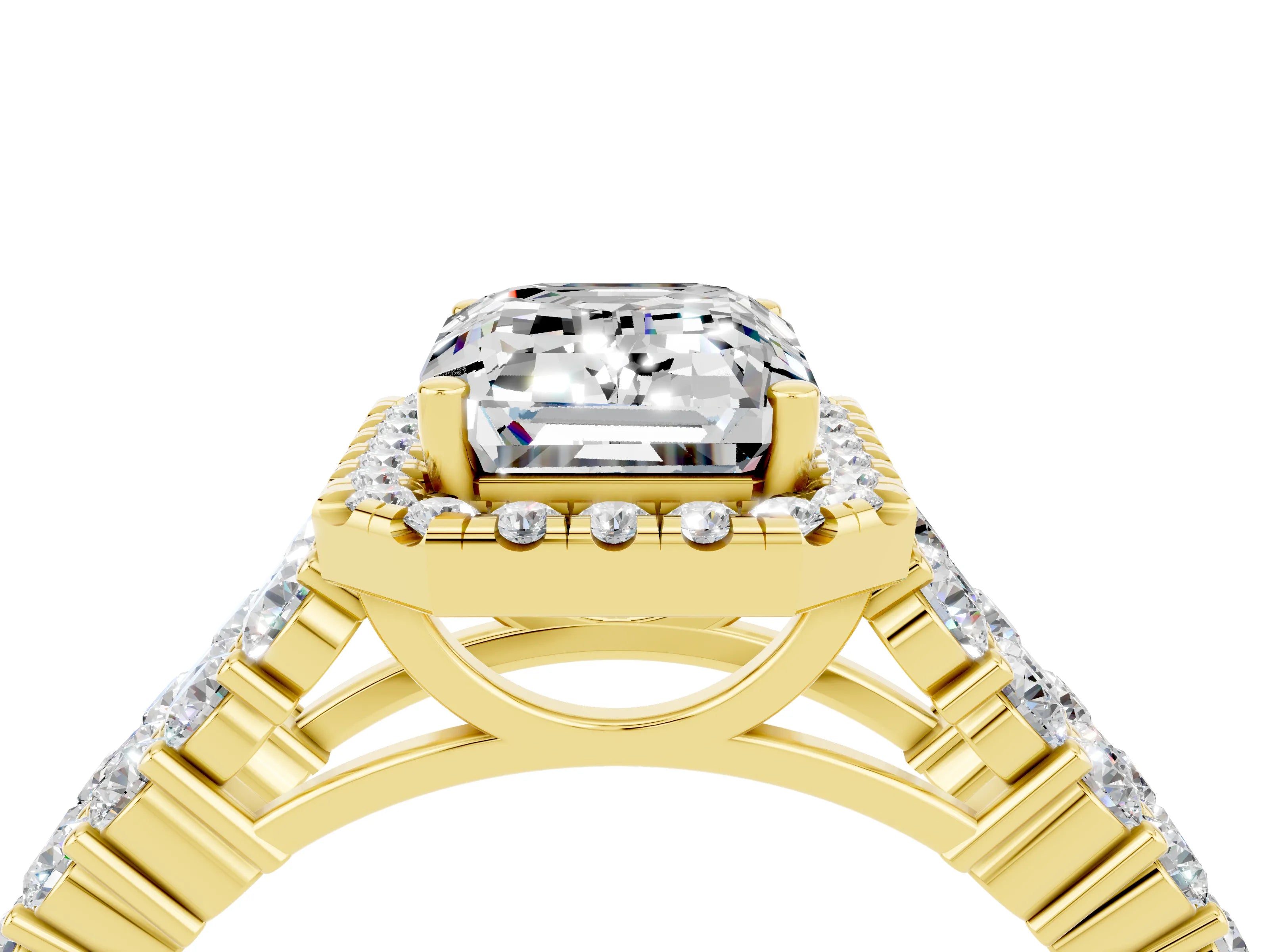 Yellow gold Emerald Cut Halo Pavé Diamond Engagement Ring with Split Shank and Four-Prong Setting_4