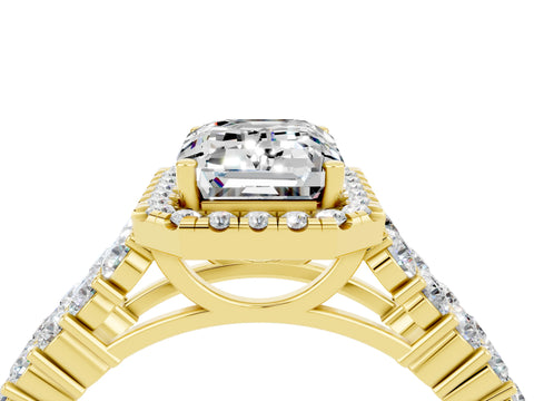 Yellow gold Emerald Cut Halo Pavé Diamond Engagement Ring with Split Shank and Four-Prong Setting_4